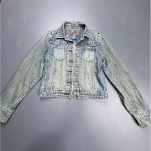 Blue Asphalt Denim Jacket Women's Large Vintage Faded Wash Button Up Distressed